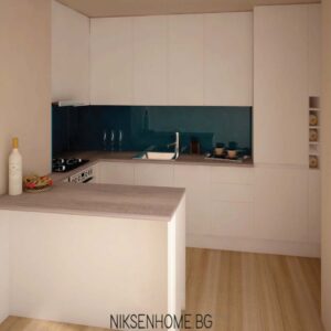 Петролен цвят - модерна кухня с бял гланц